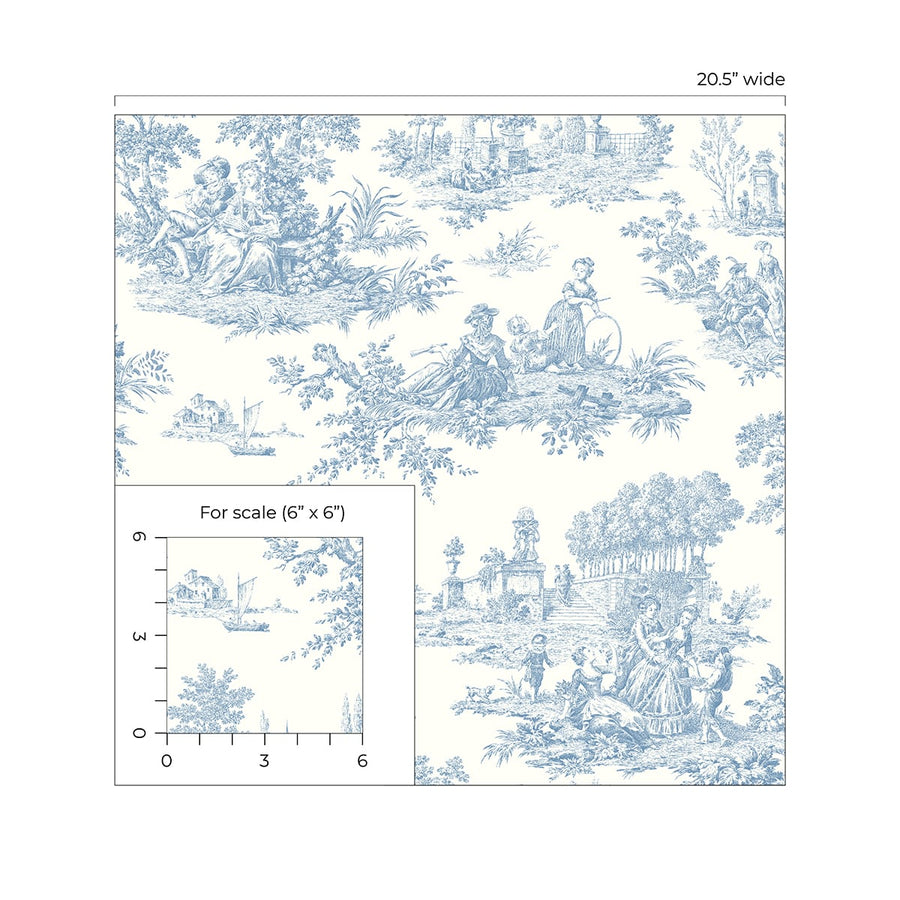 Blue and white toile pattern with scale inset on a white background