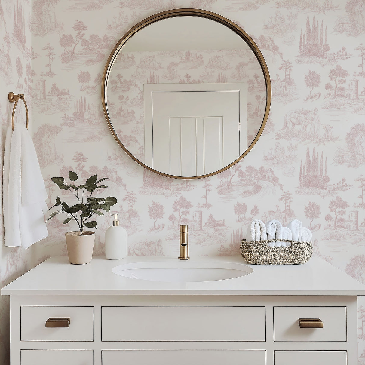 Pastoral Romance – Pale Pink Toile Landscape Wallpaper