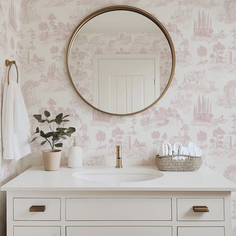 Pastoral Romance – Pale Pink Toile Landscape Wallpaper