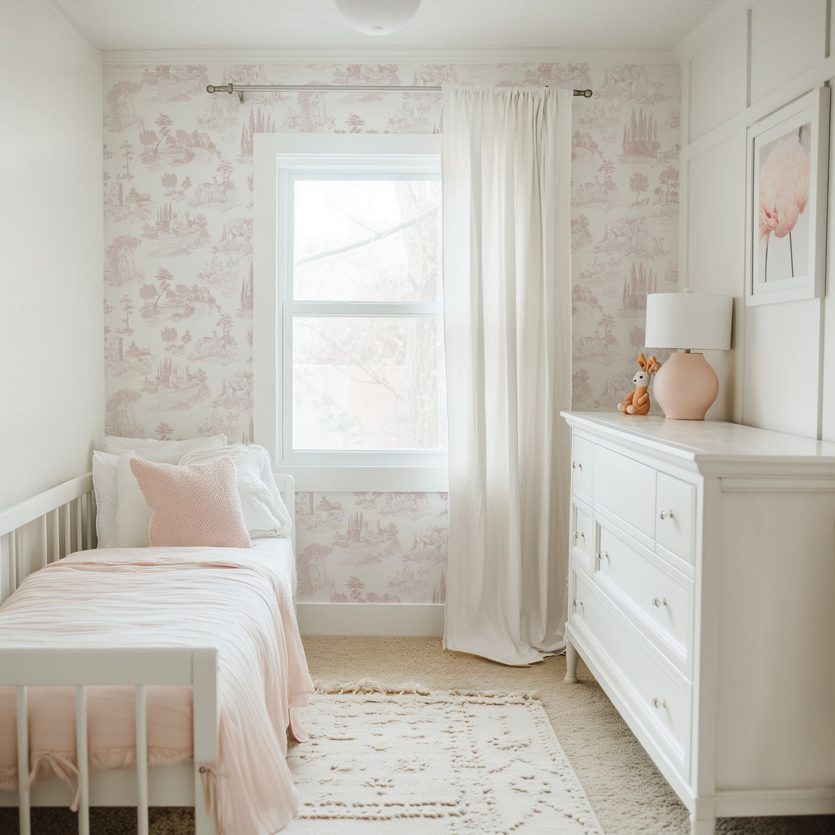 Pastoral Romance – Pale Pink Toile Landscape Wallpaper