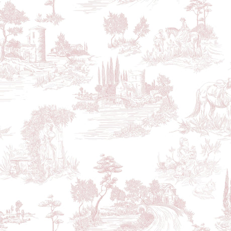 Pastoral Romance – Pale Pink Toile Landscape Wallpaper