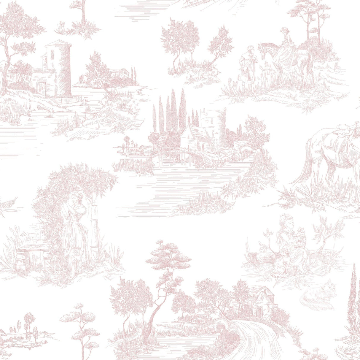 Pale Pink Toile Landscape Wallpaper | Romantic Countryside – EazzyWalls