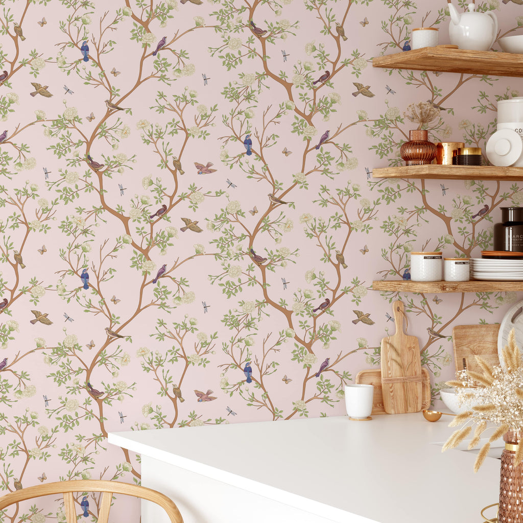 Pink Camellia Blossom Tree Chinoiserie Oriental Wallpaper