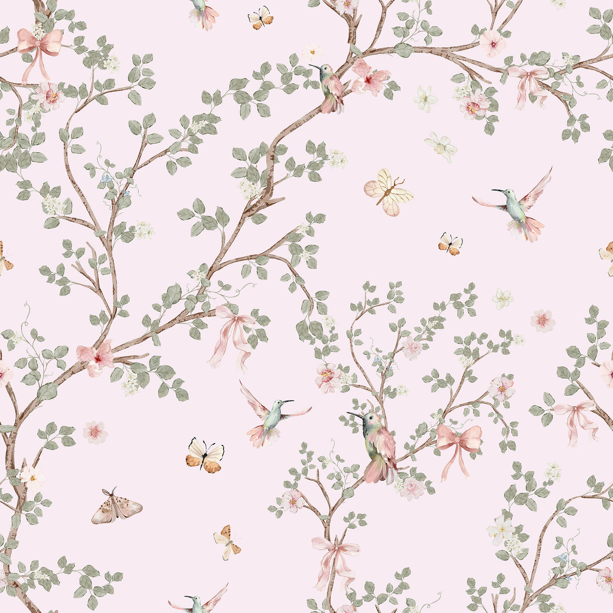 Pink Chinoiserie Hummingbird Wallpaper – Soft Bows & Branches