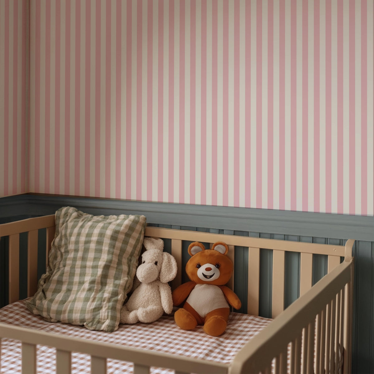 pink striped wallpaper nursery