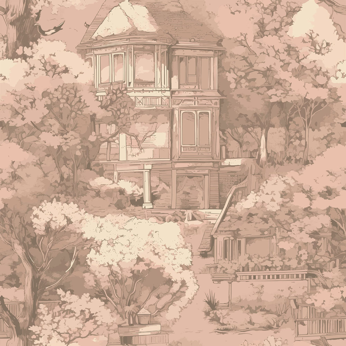 Vintage French Toile Wallpaper – Romantic Manor Scene in Blush Pink