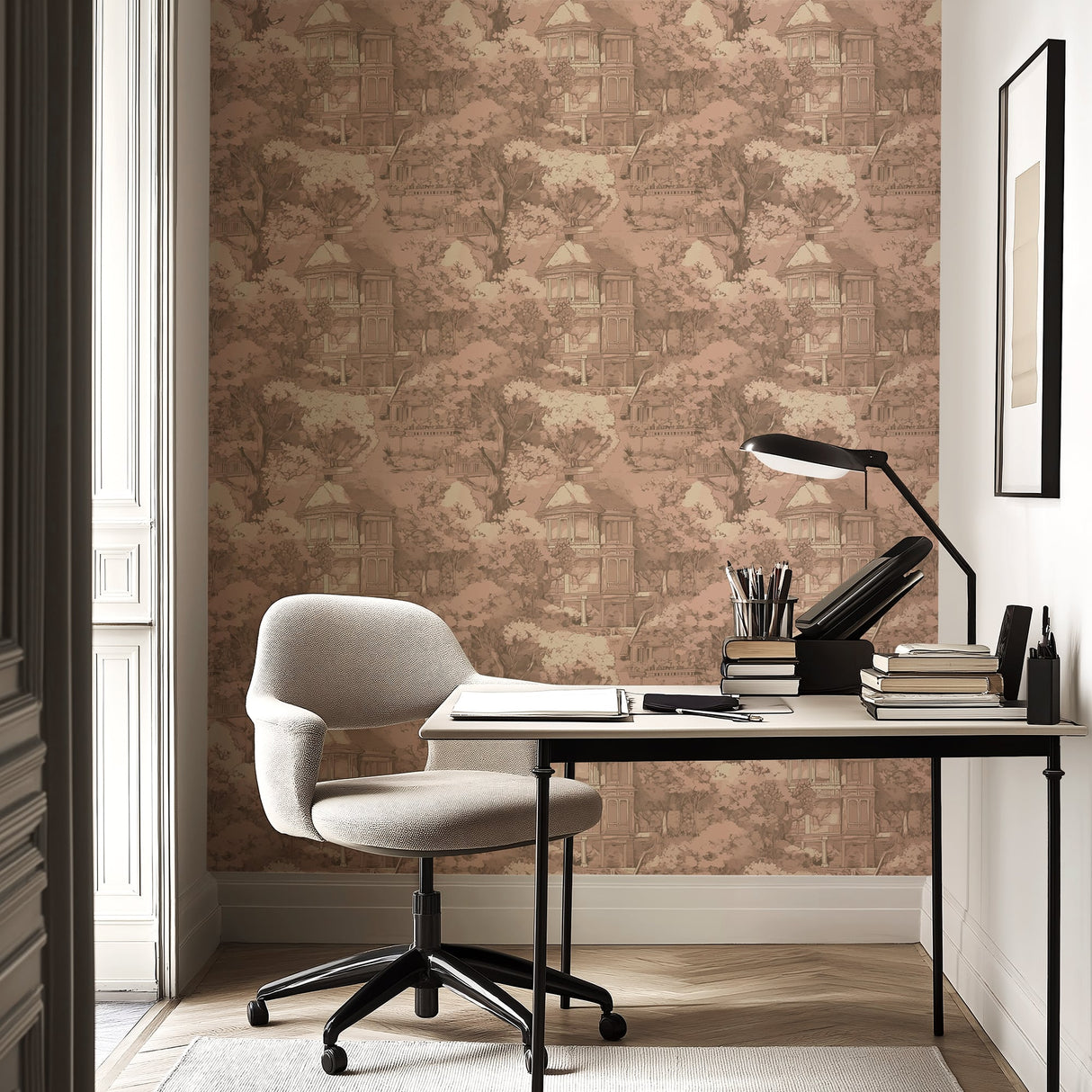 Vintage French Toile Wallpaper – Romantic Manor Scene in Blush Pink