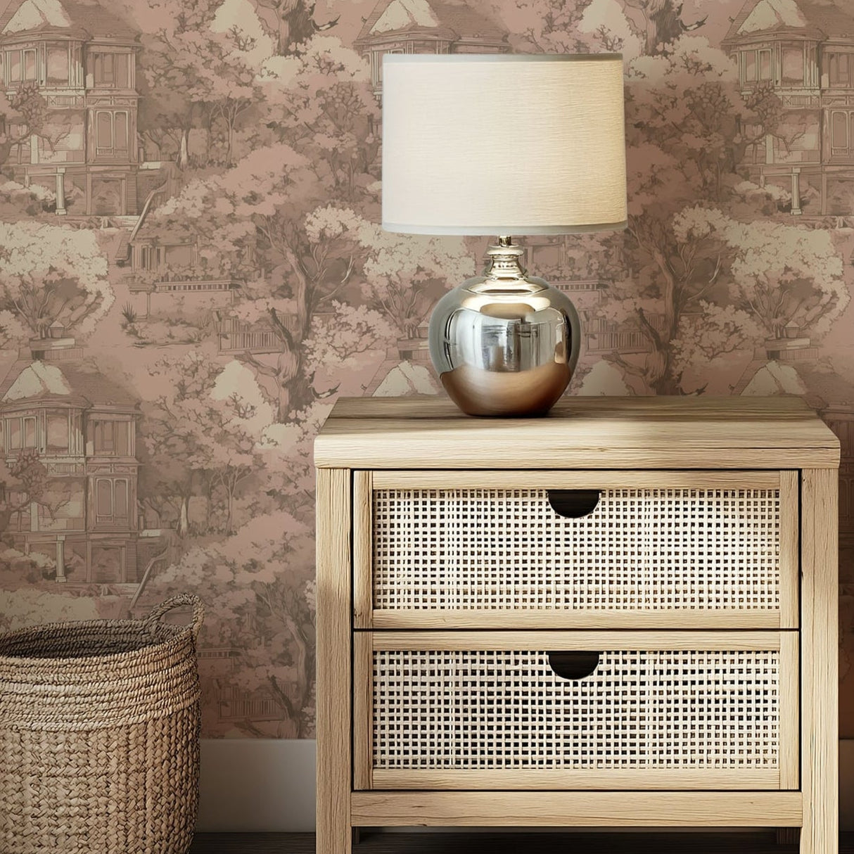 Vintage French Toile Wallpaper – Romantic Manor Scene in Blush Pink