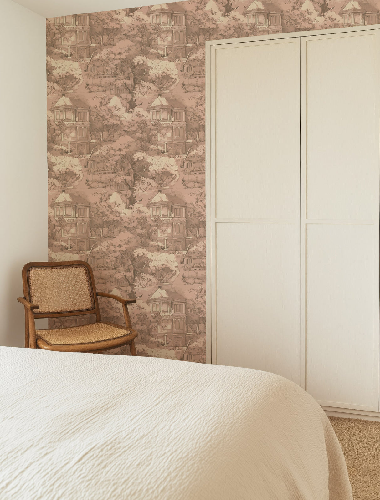 Vintage French Toile Wallpaper – Romantic Manor Scene in Blush Pink