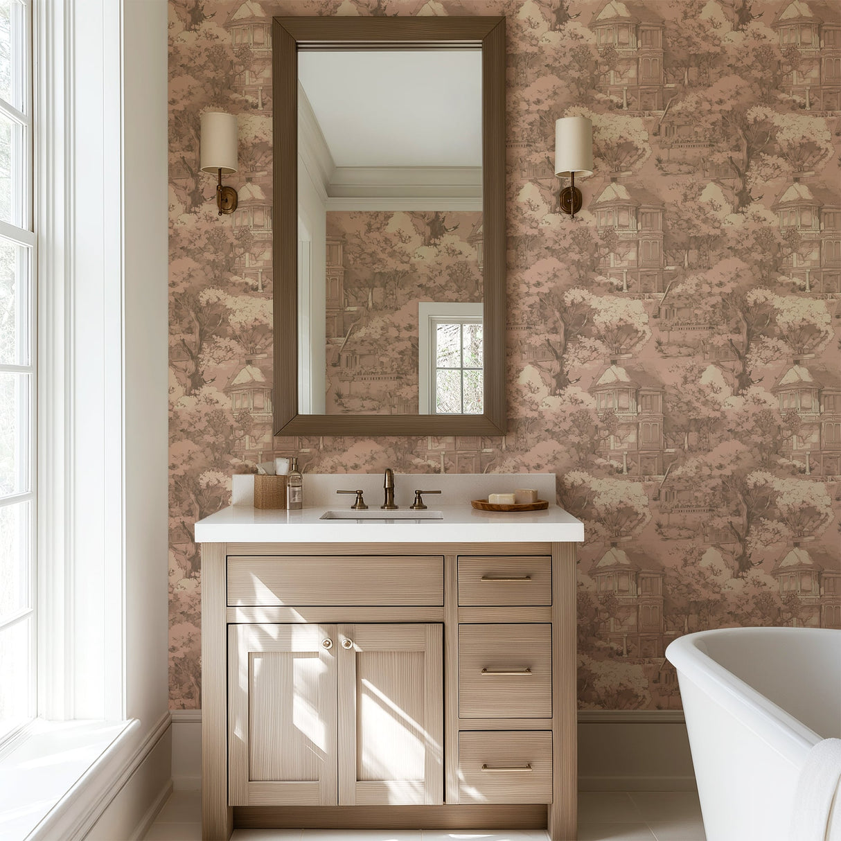 Vintage French Toile Wallpaper – Romantic Manor Scene in Blush Pink