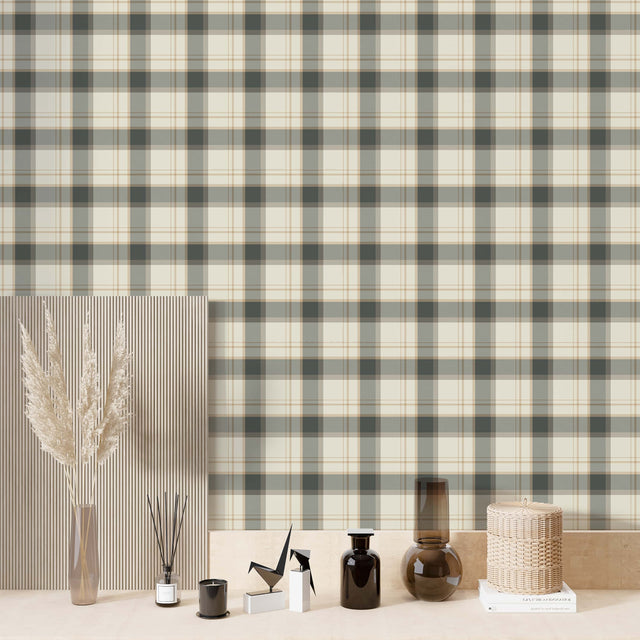 Classic Beige and Gray Plaid Wallpaper - Peel and Stick Wallpaper