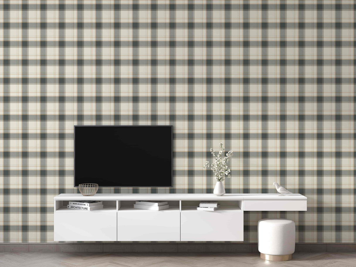 Classic Beige and Gray Plaid Wallpaper - Peel and Stick Wallpaper