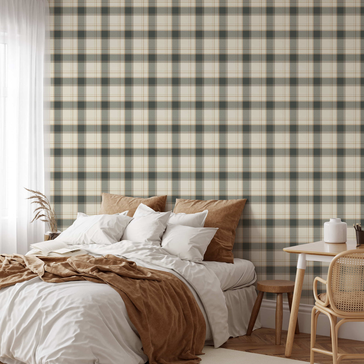 Classic Beige and Gray Plaid Wallpaper - Peel and Stick Wallpaper