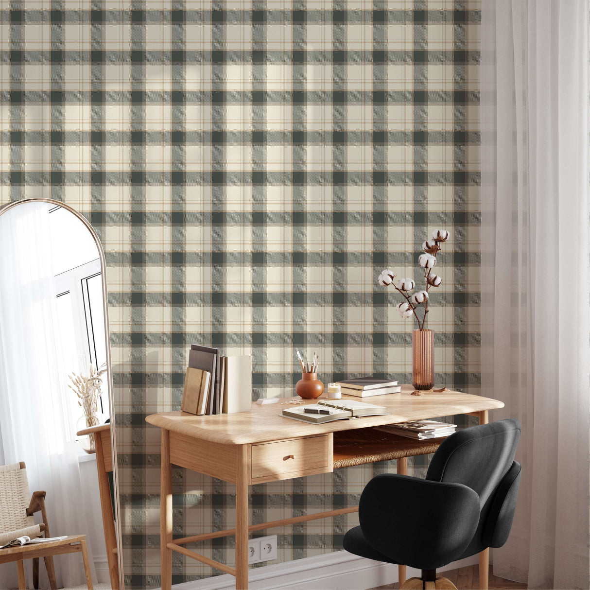 Classic Beige and Gray Plaid Wallpaper - Peel and Stick Wallpaper