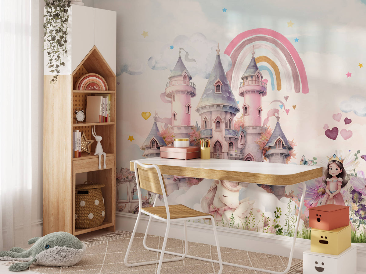 Enchanting Unicorn Princess Castle Wall Mural | Fairytale Kids Room ...