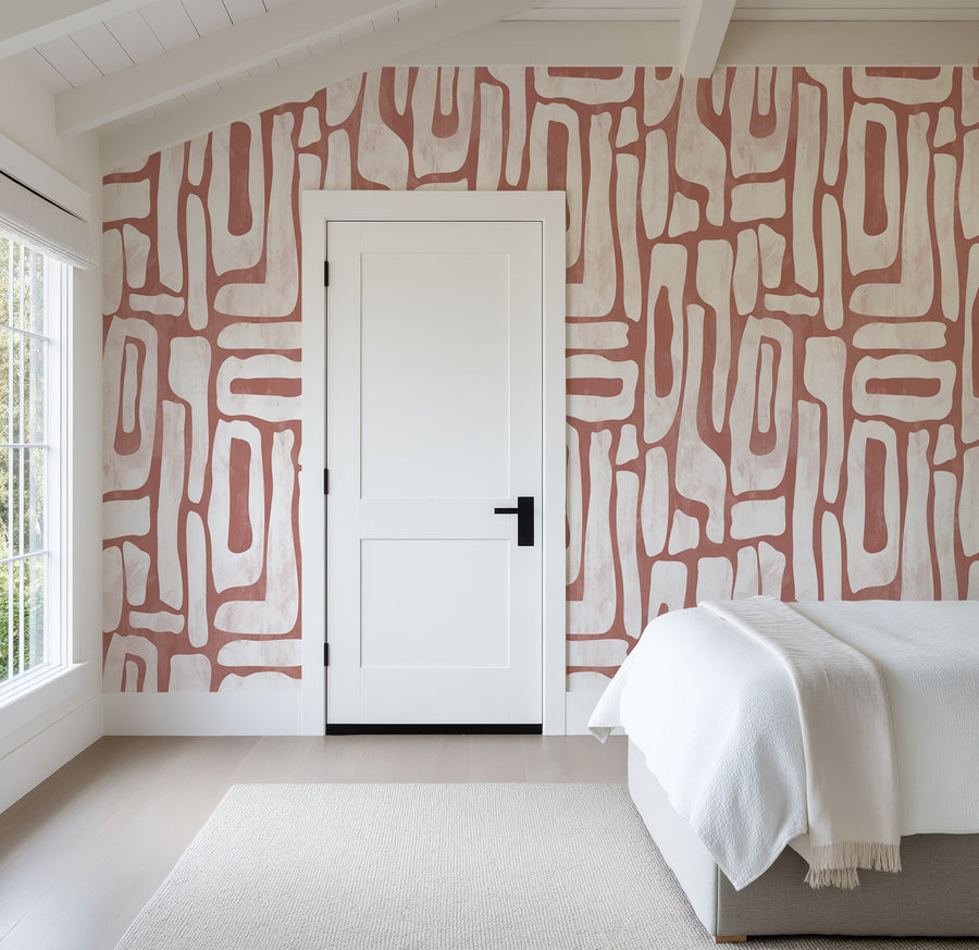 Terracotta Abstract Shapes Wallpaper – Modern Red & White