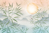 Serene Bamboo and Heron Wallpaper Mural - Mountain Lake Sunset Wall Mural