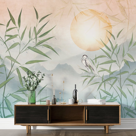 Serene Bamboo and Heron Wallpaper Mural - Mountain Lake Sunset Wall Mural