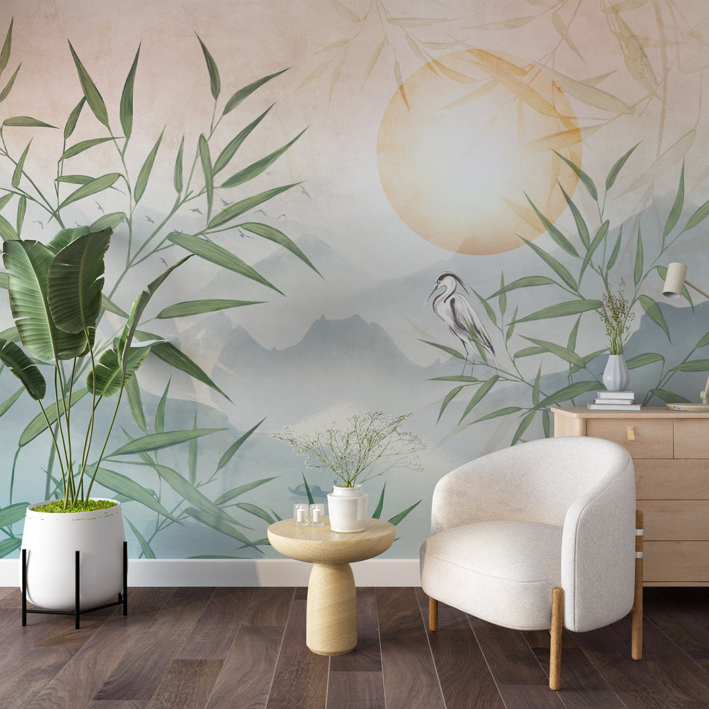 Serene Bamboo and Heron Wallpaper Mural - Mountain Lake Sunset Wall Mural