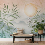 Serene Bamboo and Heron Wallpaper Mural - Mountain Lake Sunset Wall Mural