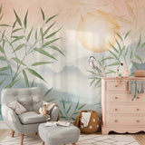 Serene Bamboo and Heron Wallpaper Mural - Mountain Lake Sunset Wall Mural