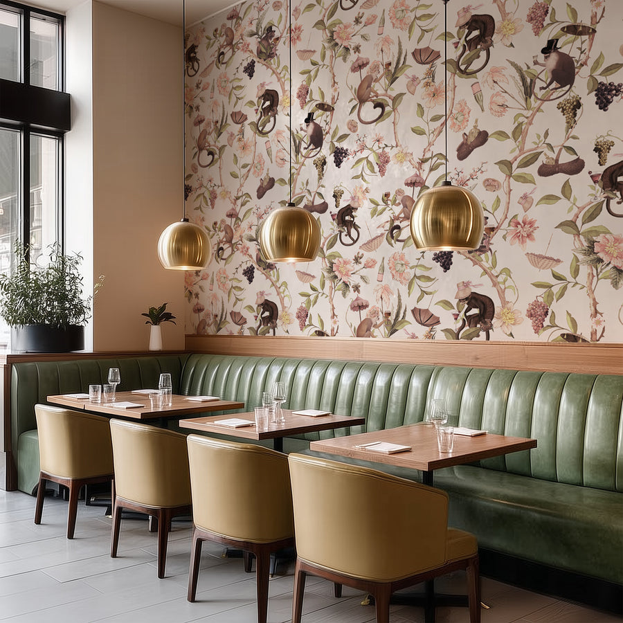 Restaurant interior with Blush Singerie Wallpaper – Romantic Monkey Garden, green booths, and wooden tables.