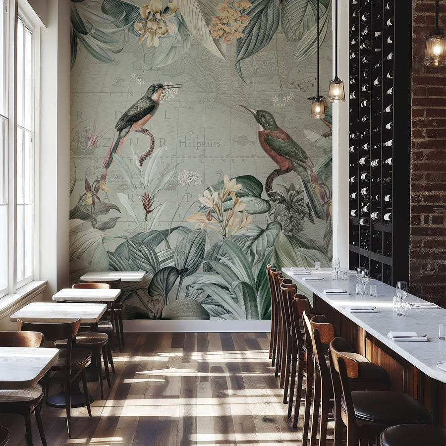 Restaurant interior with a Vintage Tropical Map Wall Mural with Birds & Botanicals, wooden chairs, and tables