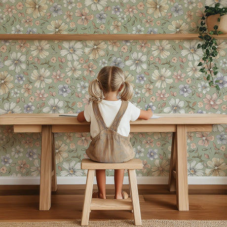 Sage Green Watercolor Retro Floral Wallpaper