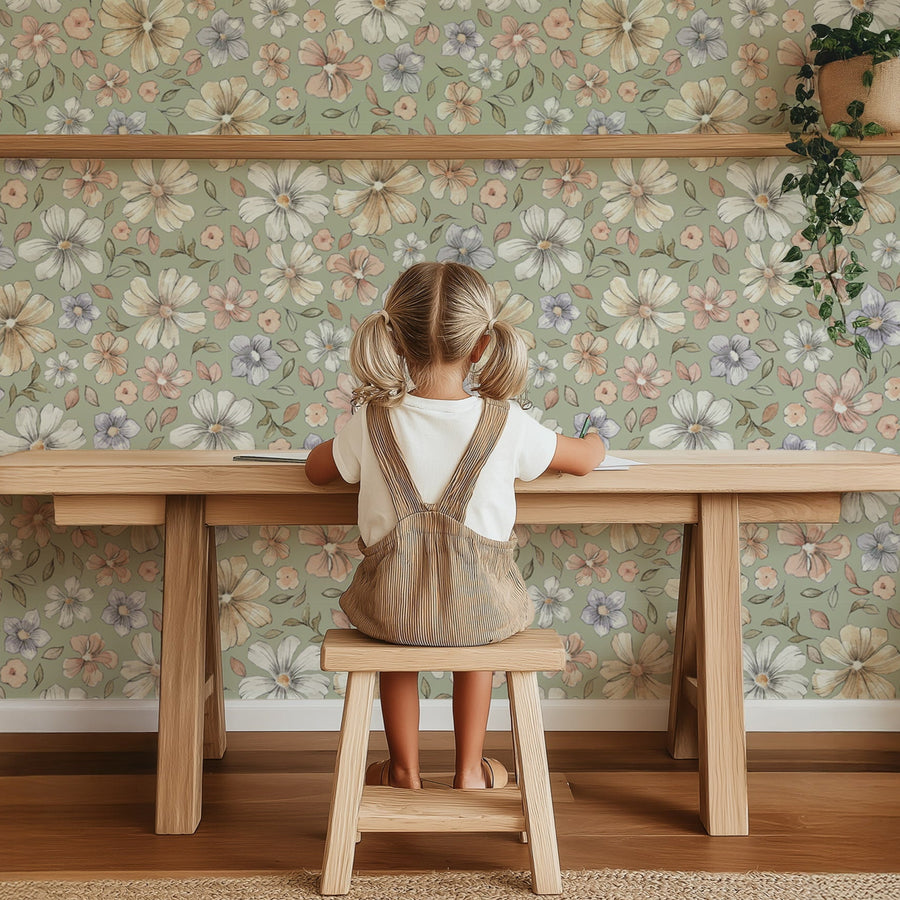 Sage Green Watercolor Retro Floral Wallpaper
