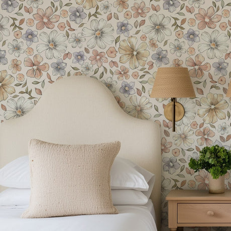 Pastel Meadow Bloom Wallpaper – Watercolor Retro Floral Elegance