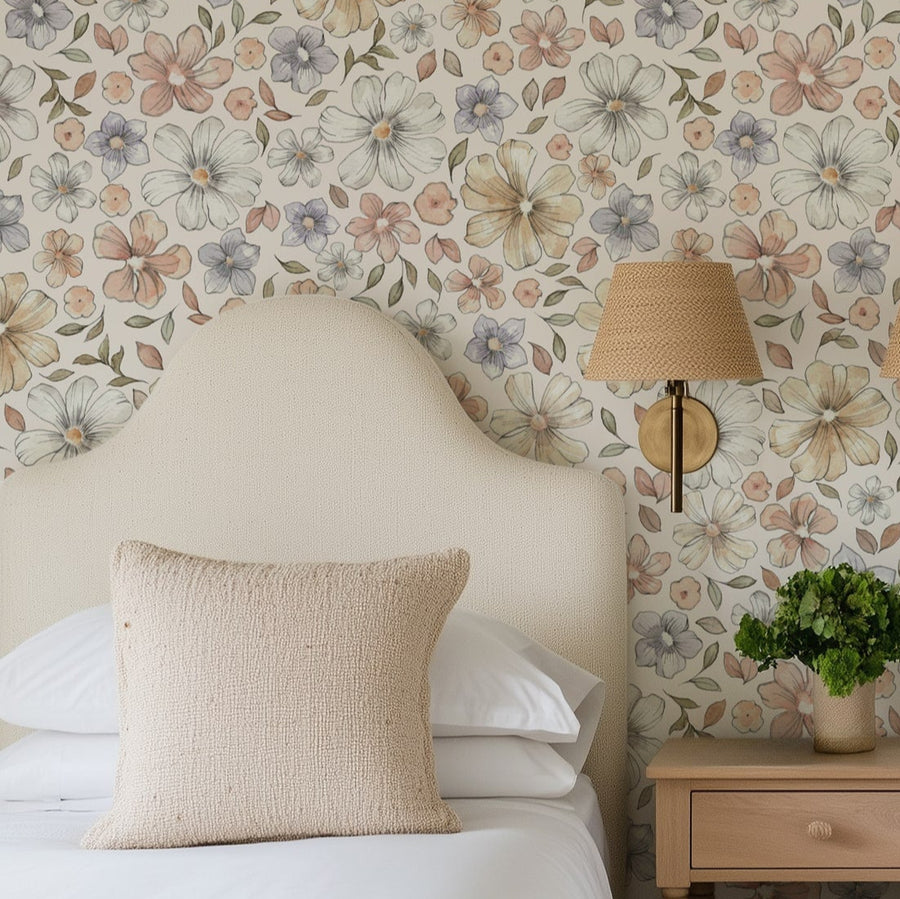 Pastel Meadow Bloom Wallpaper – Watercolor Retro Floral Elegance