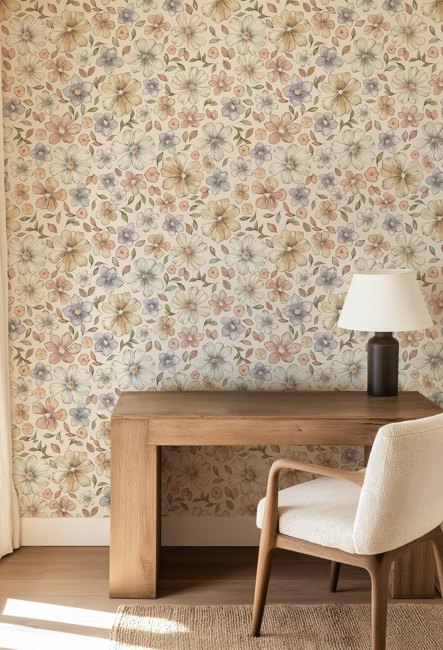 Pastel Meadow Bloom Wallpaper – Watercolor Retro Floral Elegance