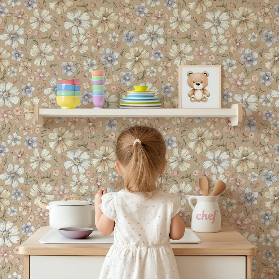 Terracotta Meadow Retro Floral Wallpaper