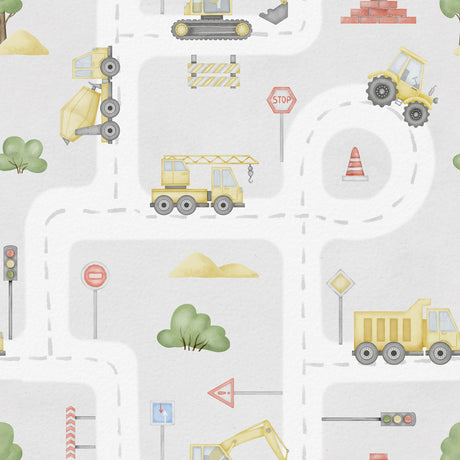 Kids Road Map Wallpaper – Hand-Drawn Construction & Truck Playroom Mural