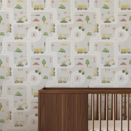Kids Road Map Wallpaper – Hand-Drawn Construction & Truck Playroom Mural