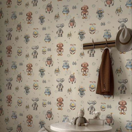 Robots Wallpaper – Playful Kids Room Wallcovering in Watercolor