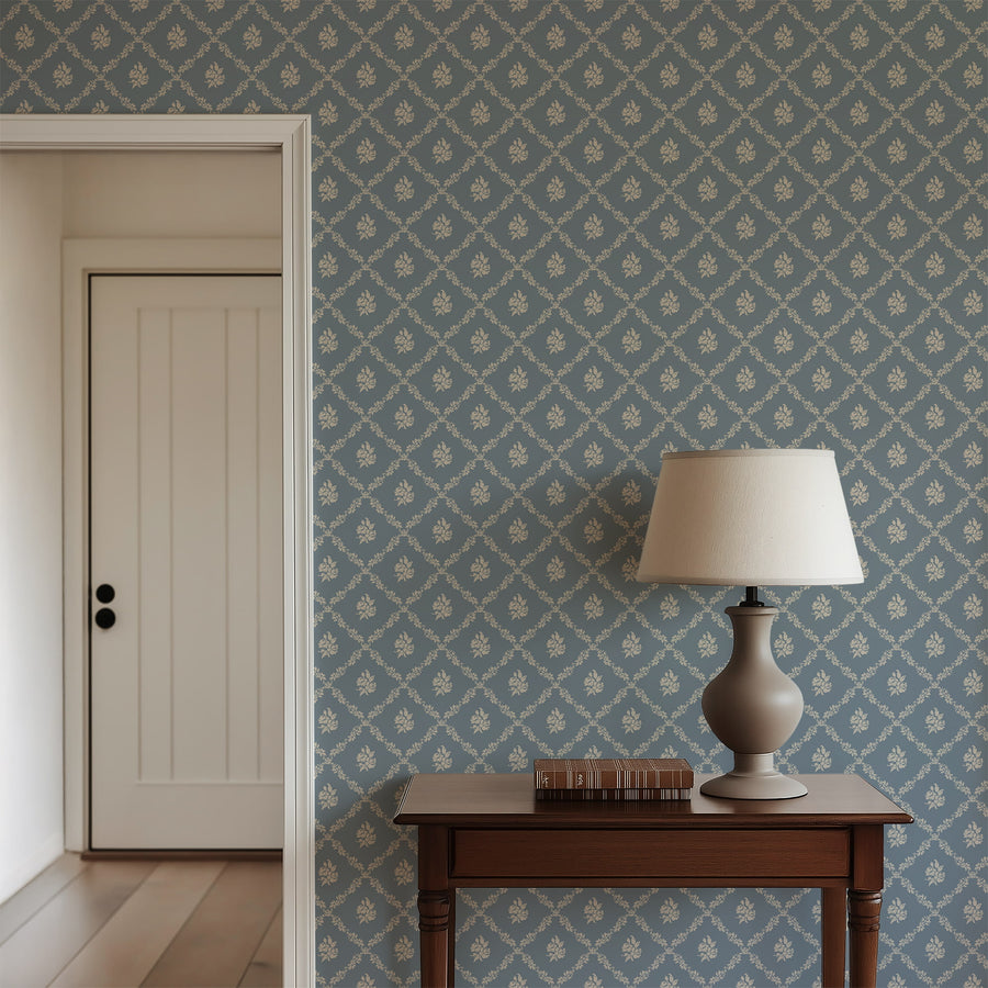 Room Interior with Della Blue Floral Wallpaper