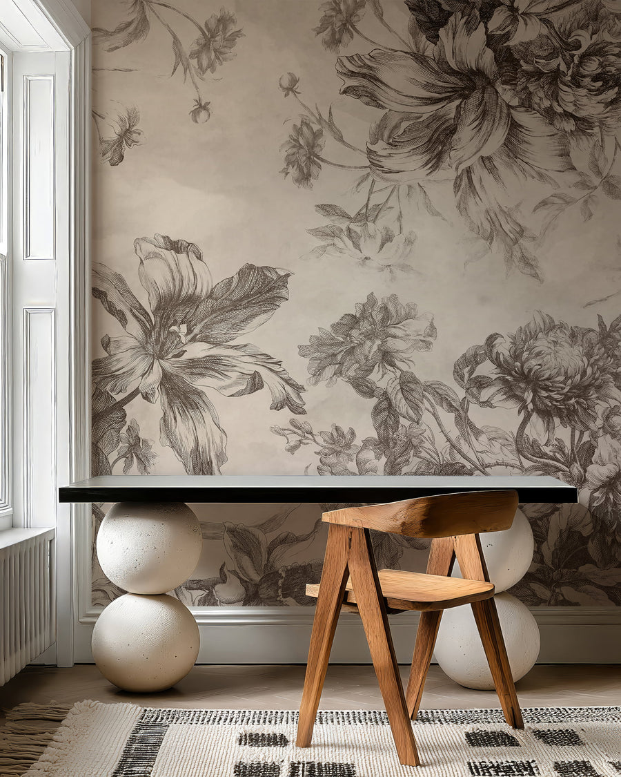 Room interior with Vintage Ink & Sepia Floral Wallpaper Mural