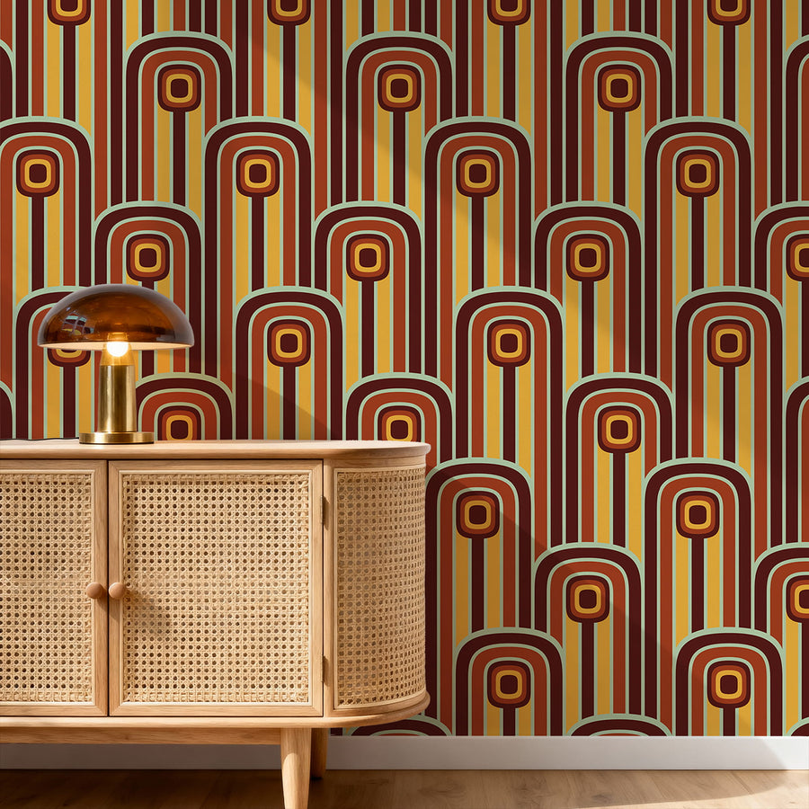 Room interior with a wooden cabinet and lamp against a 70s Layered Mod Arches Wallpaper - Retro Geometric Design