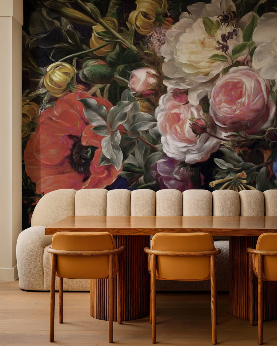 Dining area with a Dark Floral Poppy & Rose Bouquet Wallpaper Mural