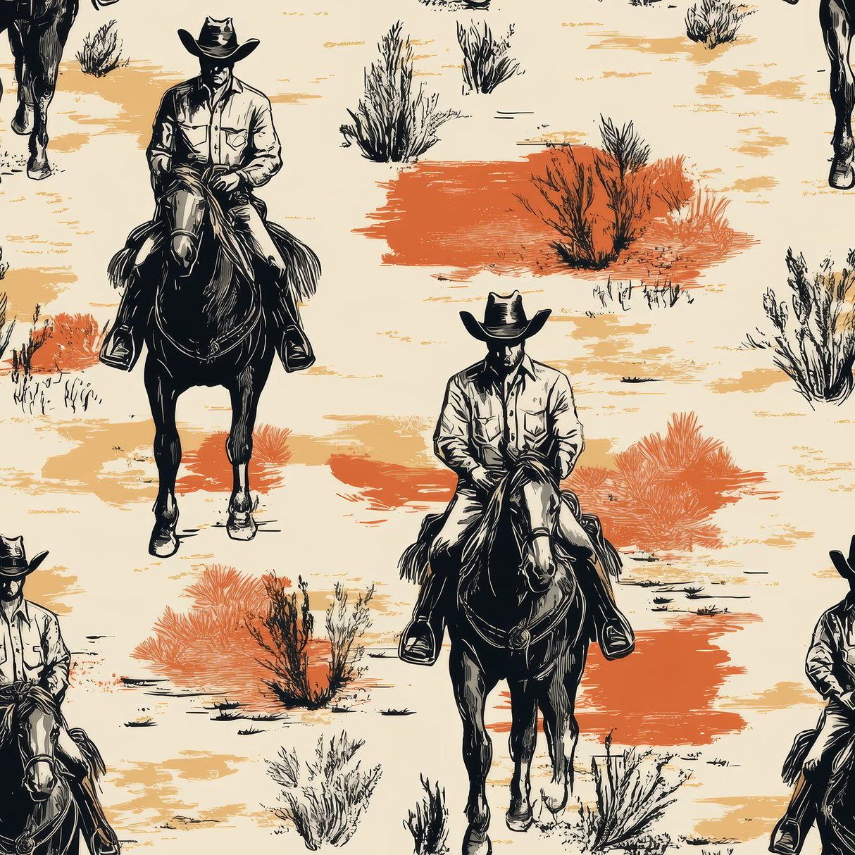 Western Cowboy Wallpaper – Cowboys on Horseback | Luxury or Peel and Stick Wallpaper