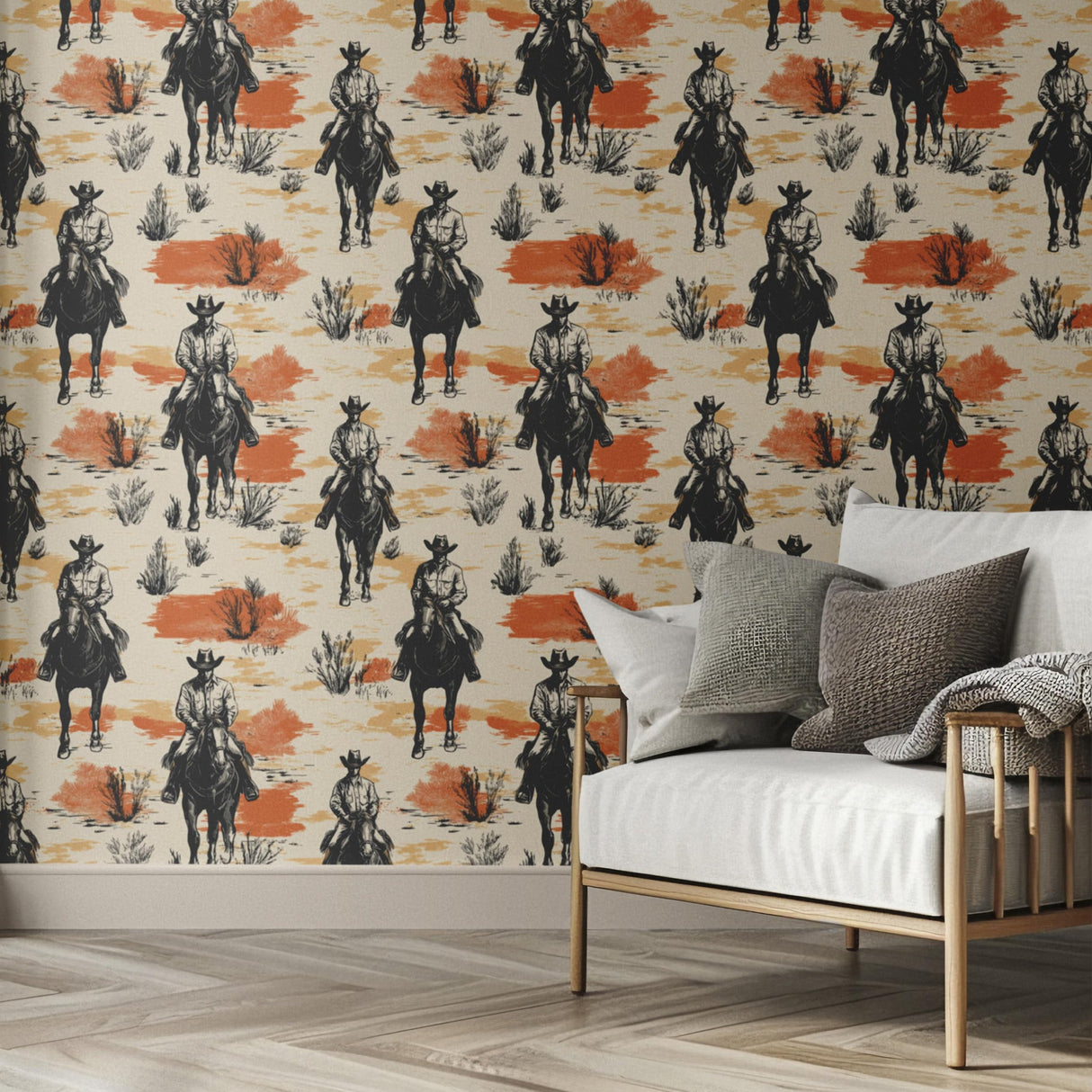 Western Cowboy Wallpaper – Cowboys on Horseback | Luxury or Peel and Stick Wallpaper