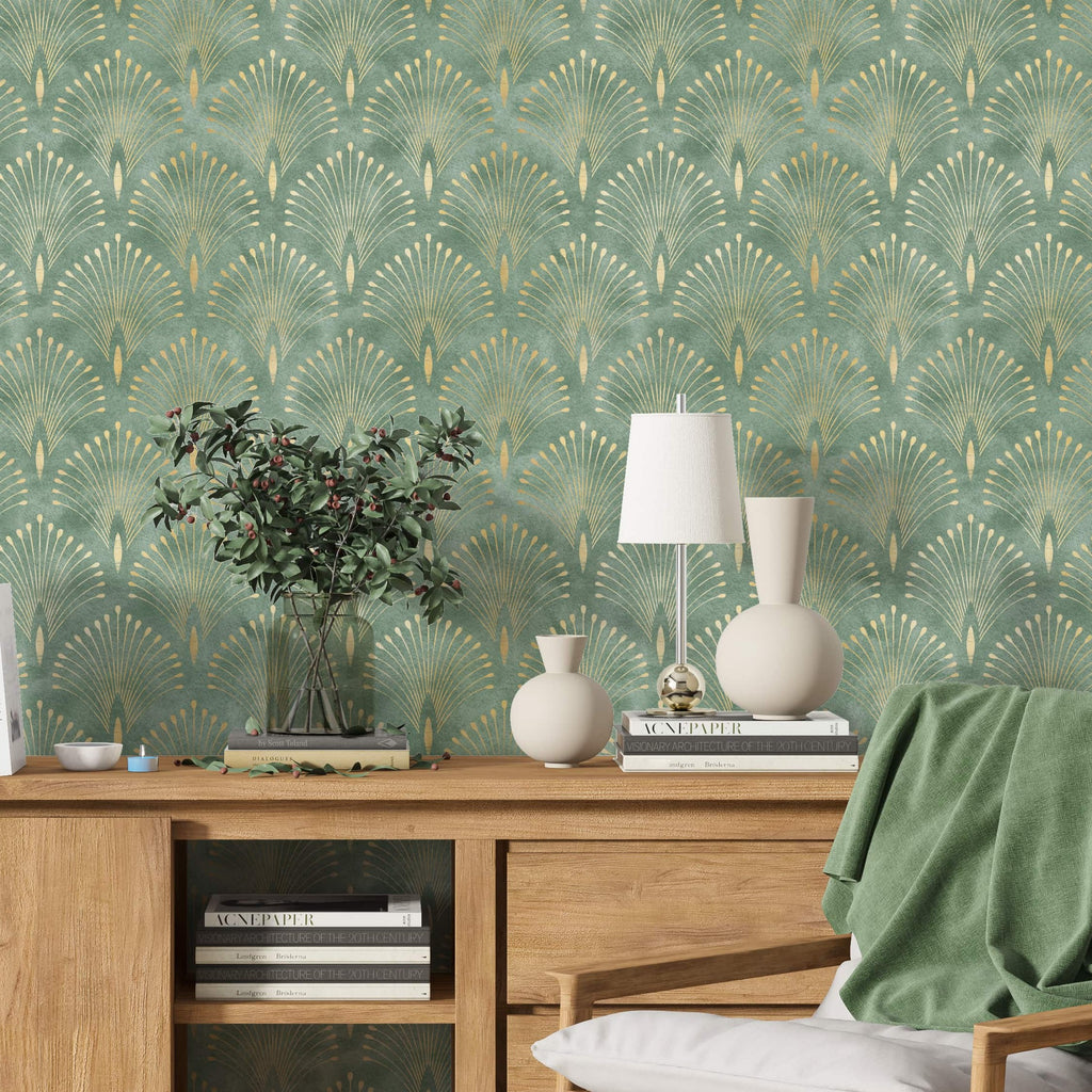 Green Ornamental Art Deco Style Wallpaper Peel and Stick