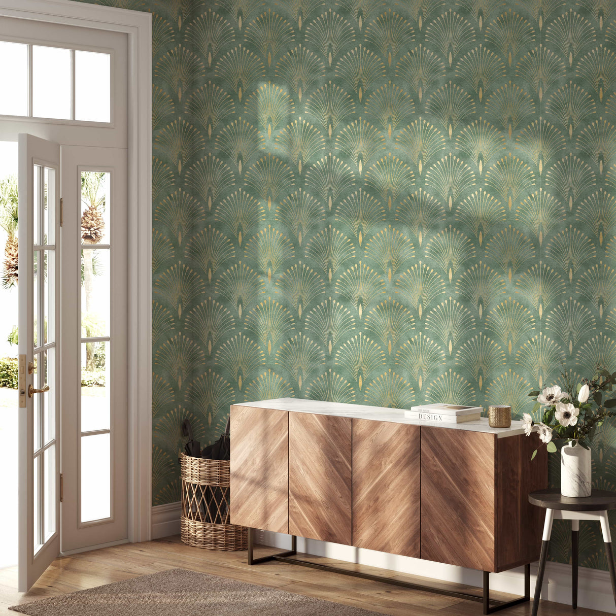 Green Ornamental Art Deco Style Wallpaper Peel and Stick