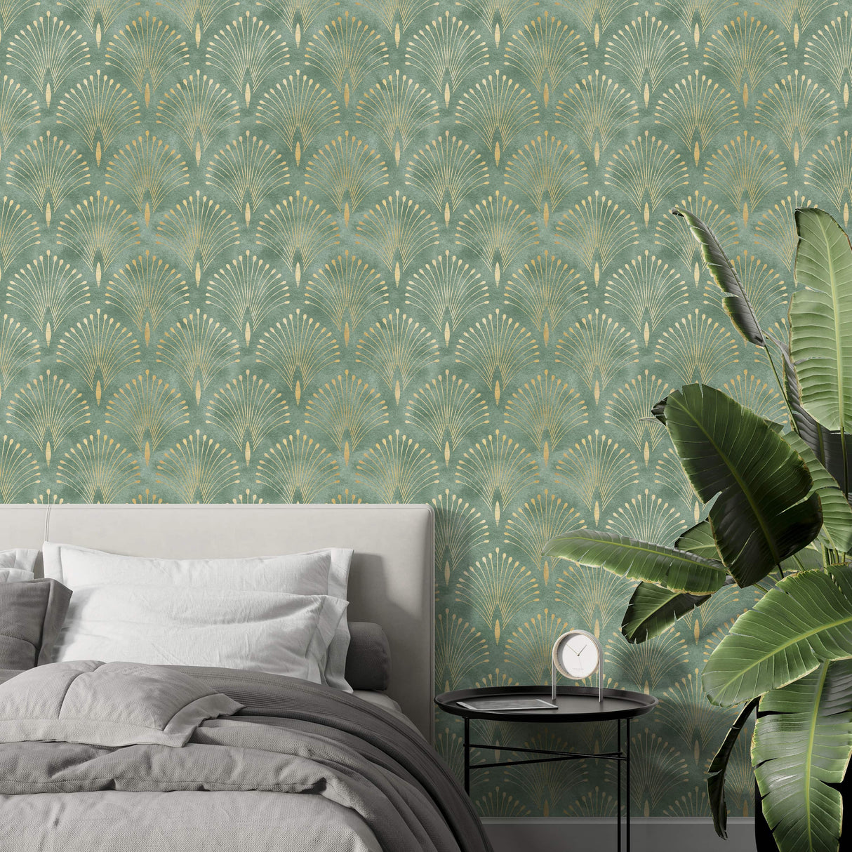 Green Ornamental Art Deco Style Wallpaper Peel and Stick