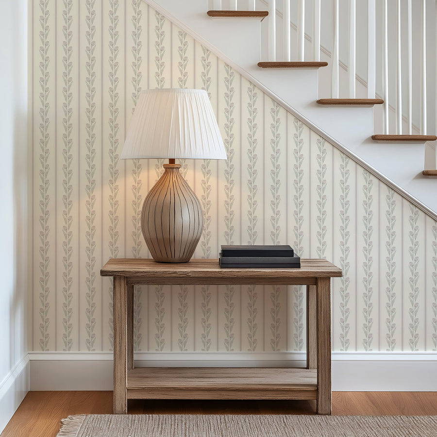 Staircase with Cream and Pink Vintage Tulip and Stripe Wallpaper