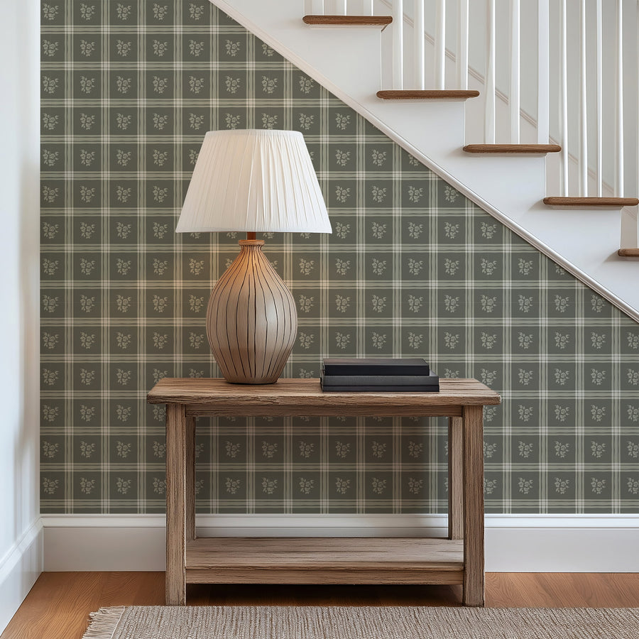Staircase with Millie Dark Green Wallpaper Vintage Floral Windowpane Plaid