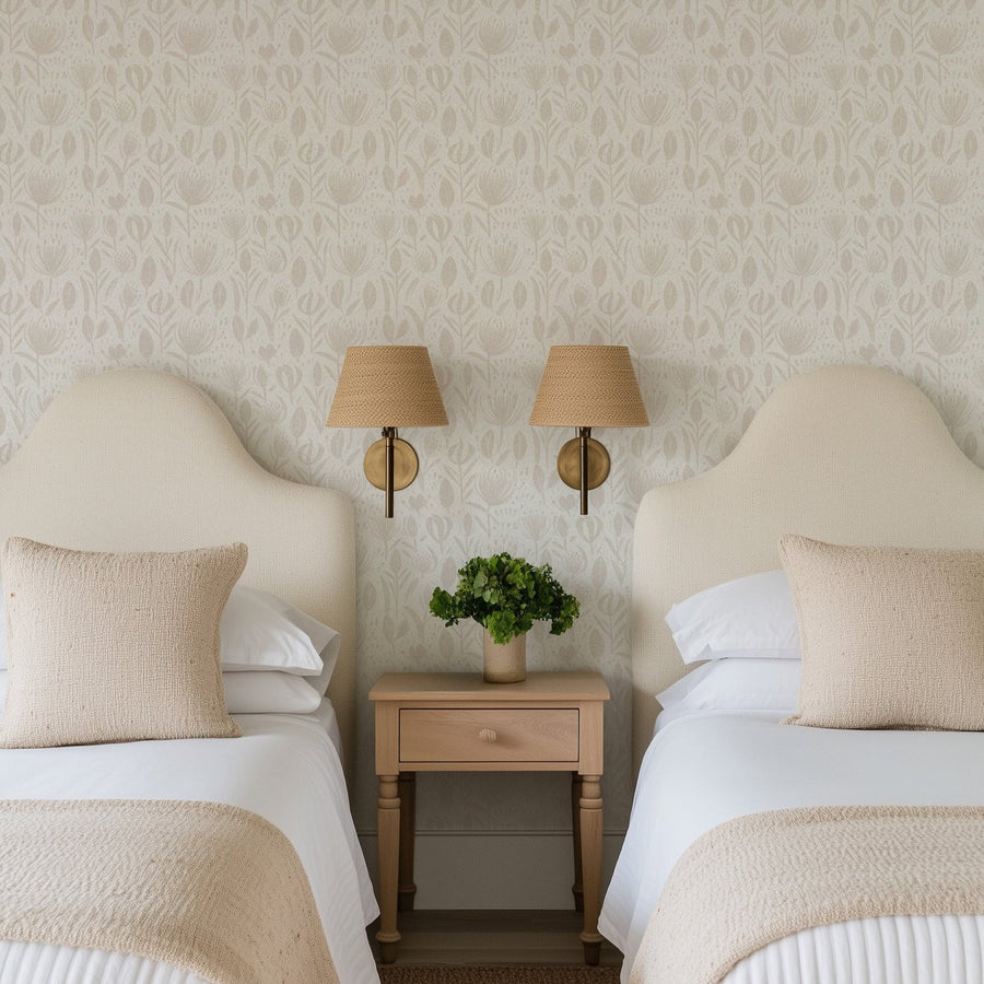 Boho Chic Neutral Floral Wallpaper - Modern Botanical Wallcovering
