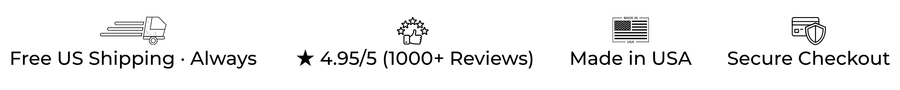 Product listing with icons for free US shipping, customer rating, made in USA, and secure checkout.