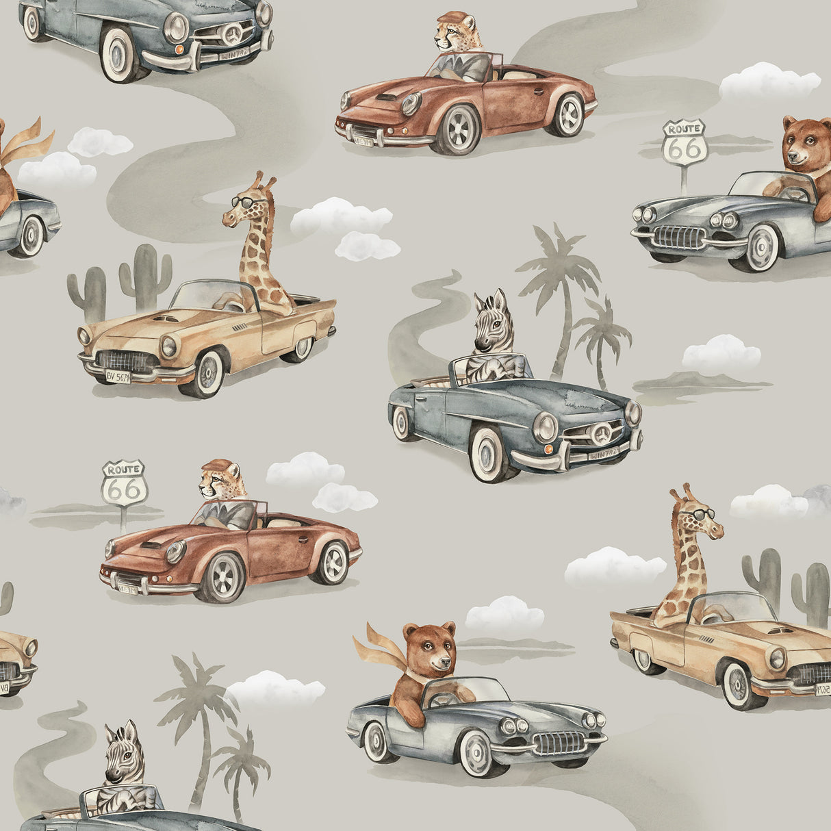 Vintage Car & Animal Nursery Wallpaper – Route 66 Safari Adventure